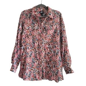 Lands' End 100% Linen Floral Leaf Women Medium Button Up Tunic Shirt 10/12